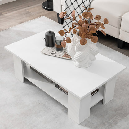 2-Tier Wooden Coffee Table with Storage Shelf and 5 Support Legs-White