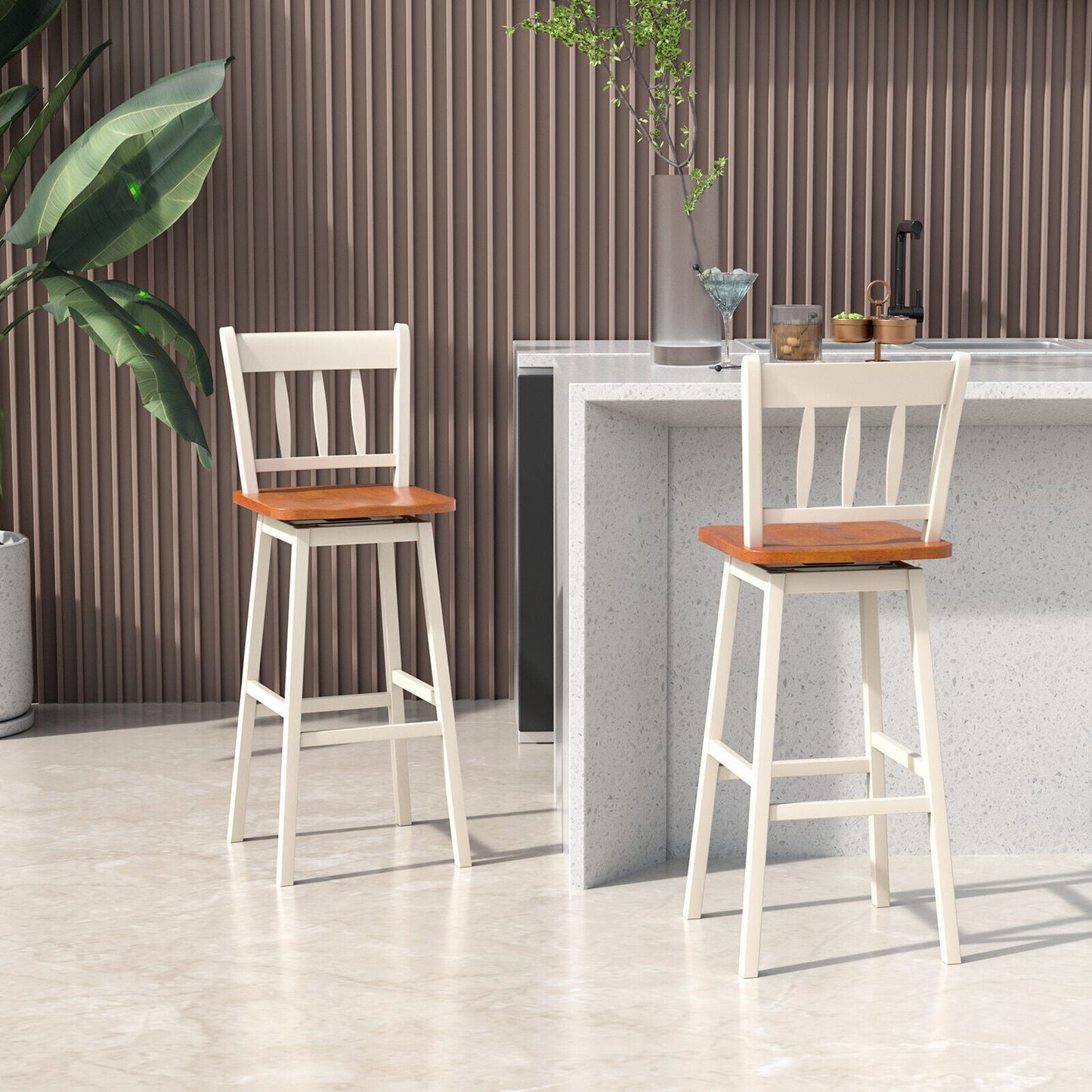 Set of 2 Rubber Wood Swivel Bar Stools with Backrest and Footrest-Cream