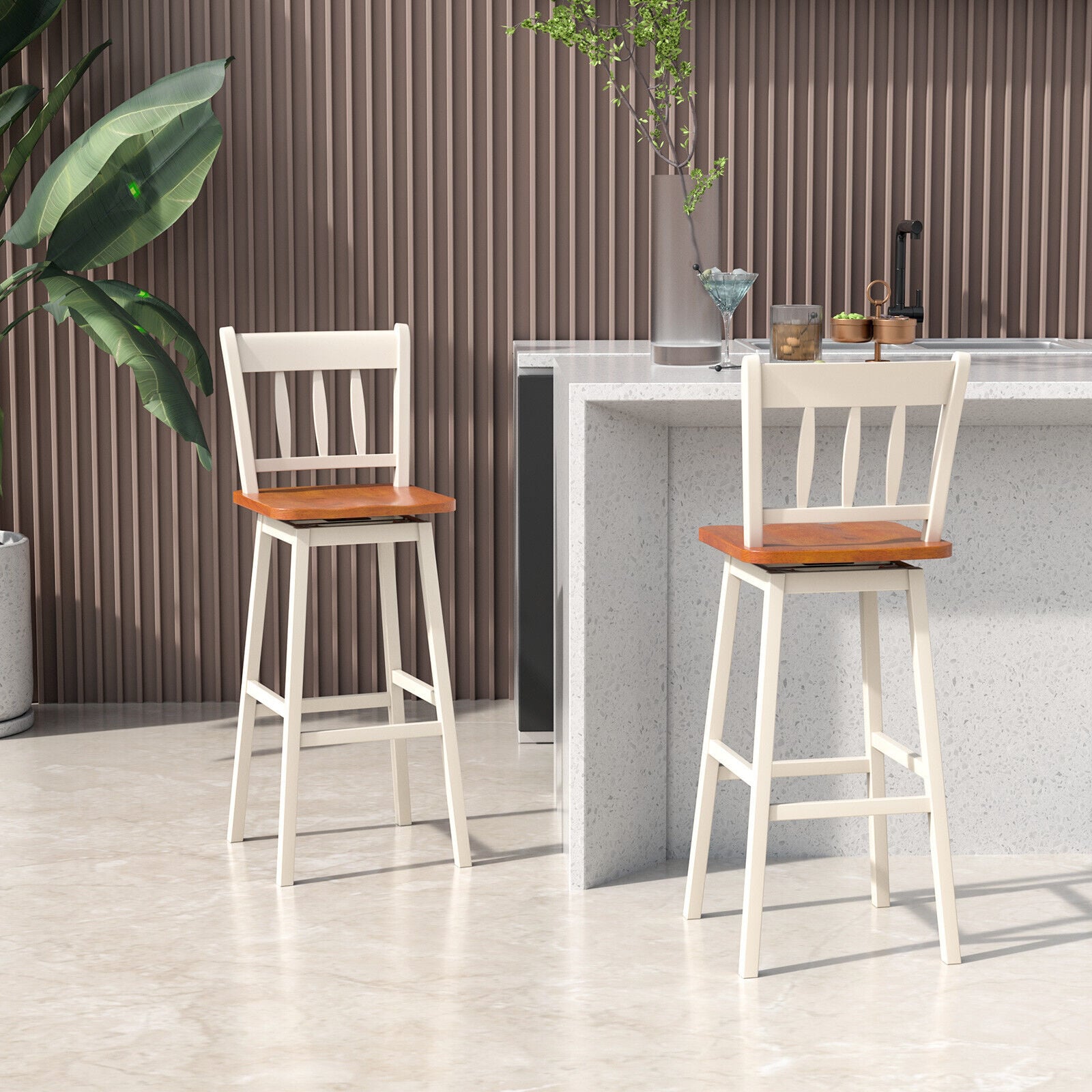 Set of 2 Rubber Wood Swivel Bar Stools with Backrest and Footrest-Cream