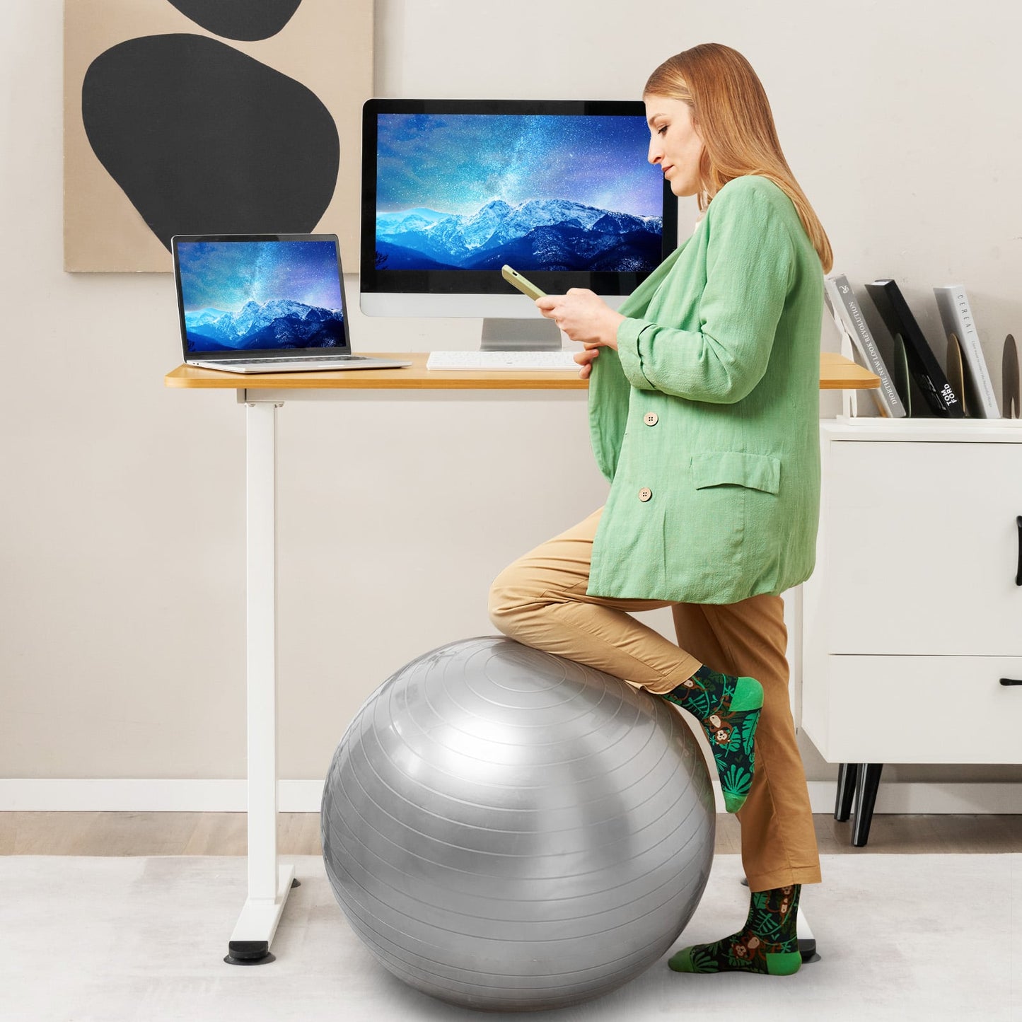Electric Height Adjustable Standing Desk with Button Controller-Natural