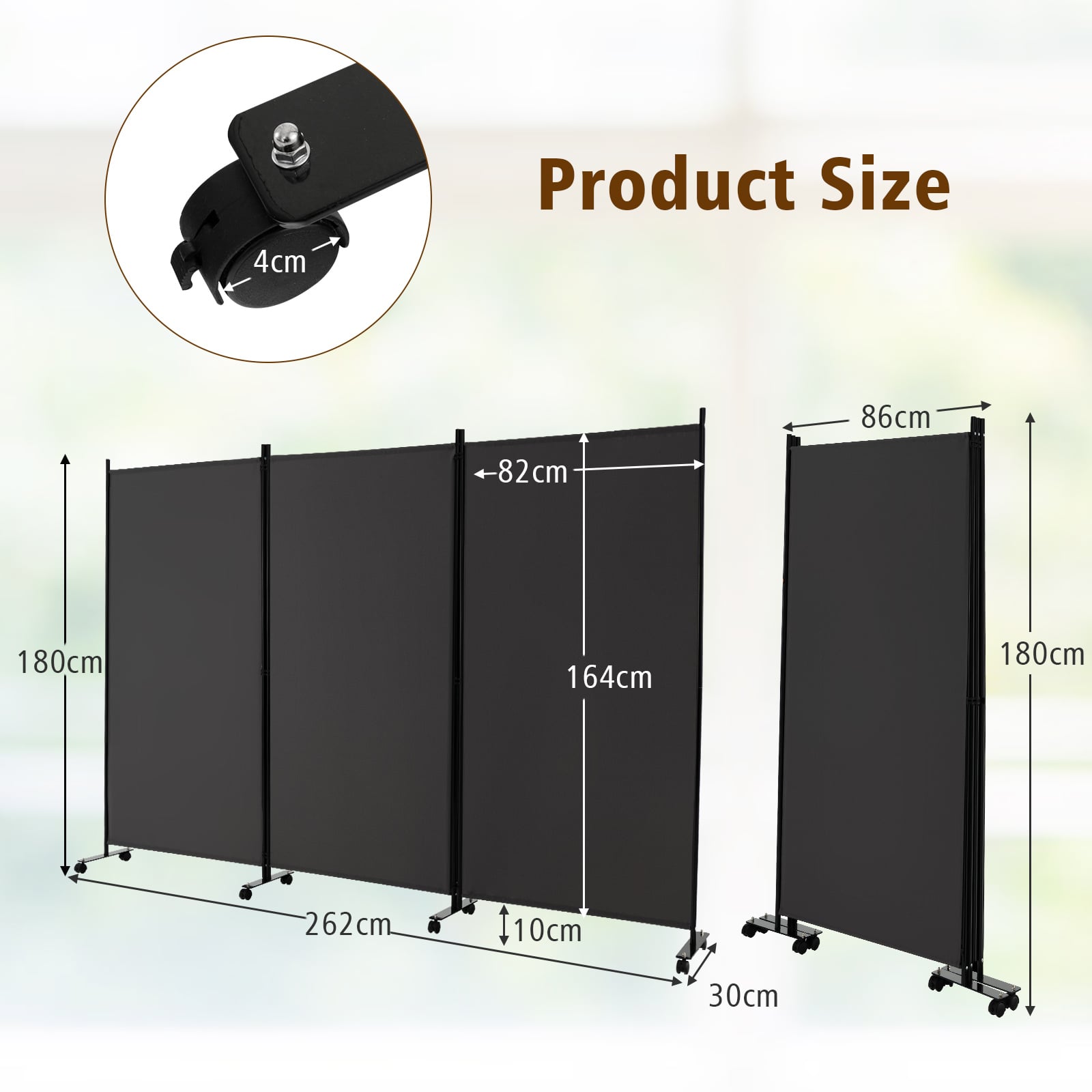 3-Panel Folding Room Divider with Wheels for Living Room Bedroom-Grey