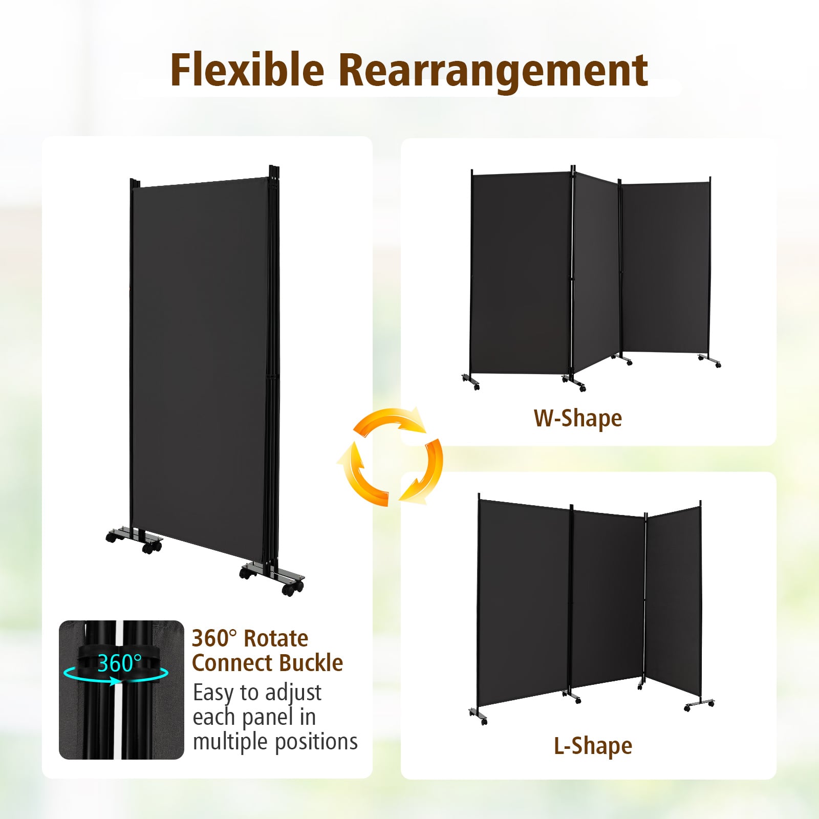 3-Panel Folding Room Divider with Wheels for Living Room Bedroom-Grey