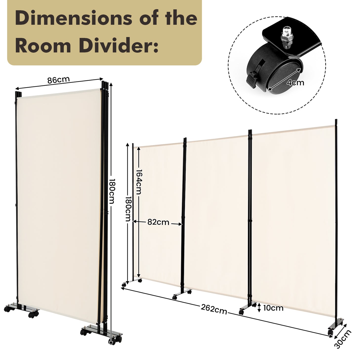 3-Panel Folding Room Divider with Wheels for Living Room Bedroom-Beige