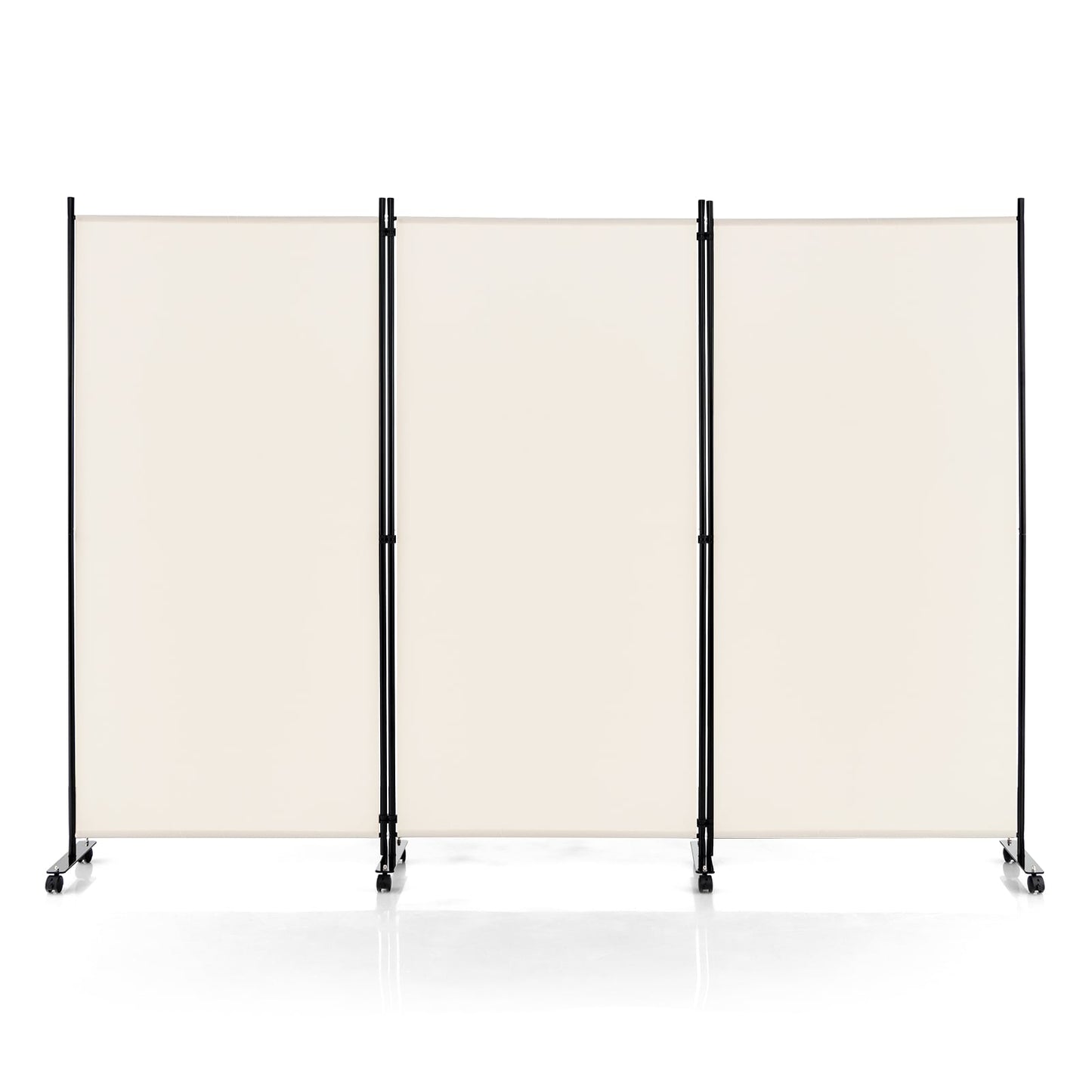 3-Panel Folding Room Divider with Wheels for Living Room Bedroom-Beige