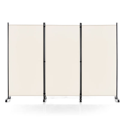 3-Panel Folding Room Divider with Wheels for Living Room Bedroom-Beige