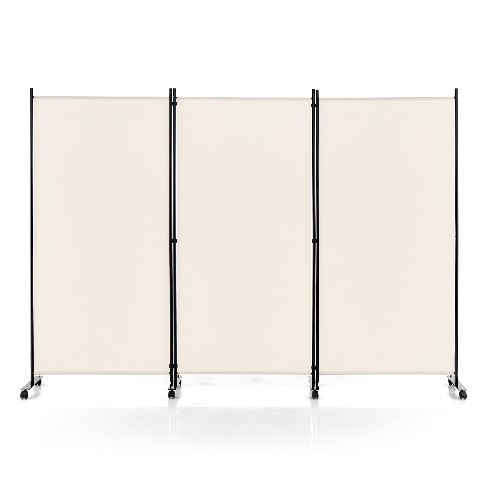 3-Panel Folding Room Divider with Wheels for Living Room Bedroom-Beige