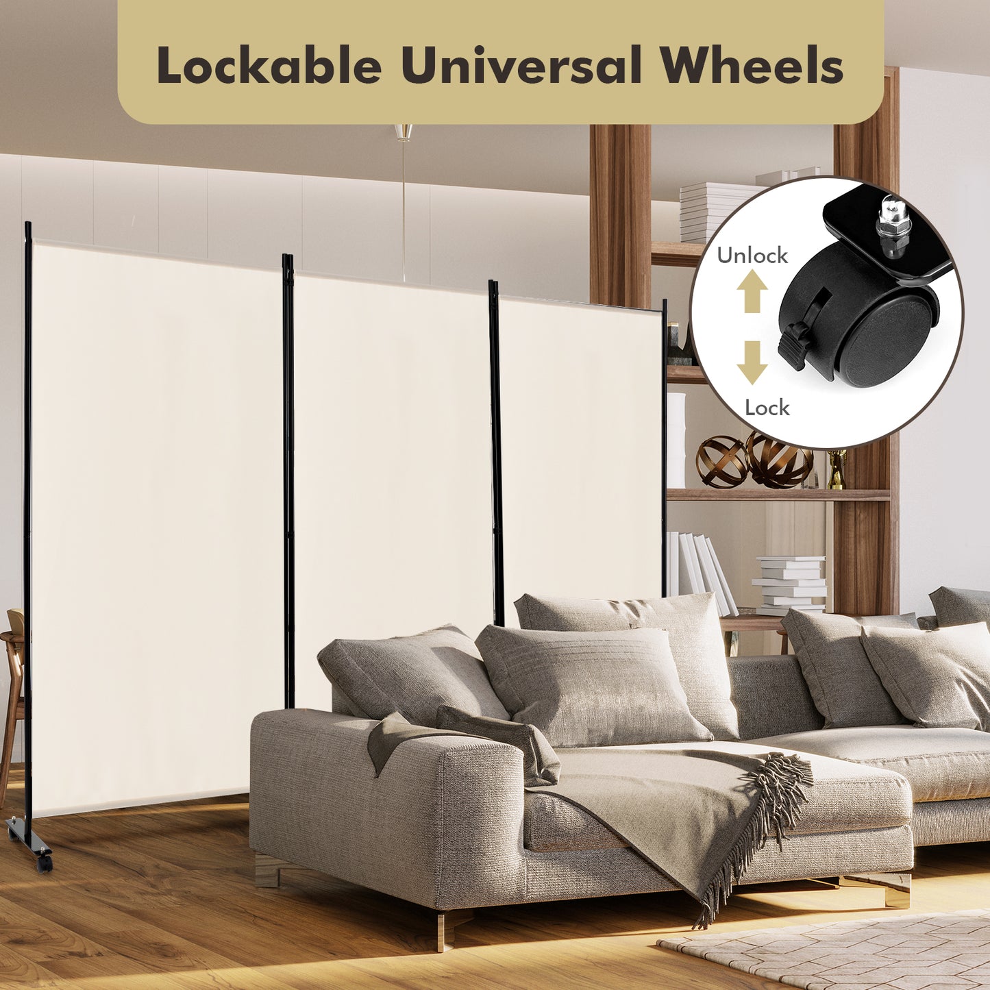 3-Panel Folding Room Divider with Wheels for Living Room Bedroom-Beige