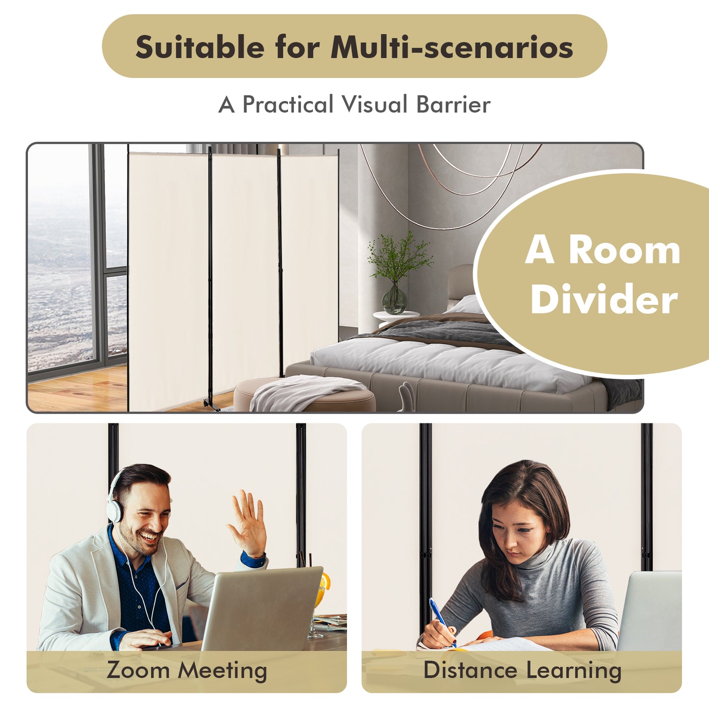 3-Panel Folding Room Divider with Wheels for Living Room Bedroom-Beige