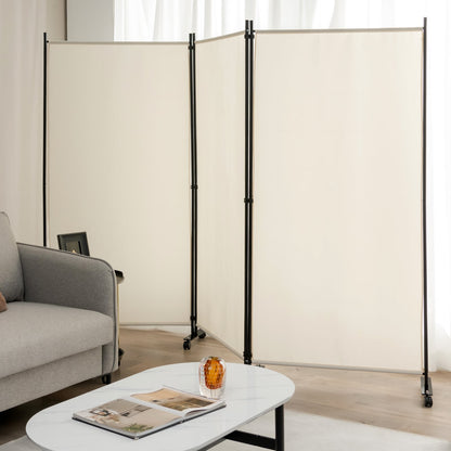 3-Panel Folding Room Divider with Wheels for Living Room Bedroom-Beige
