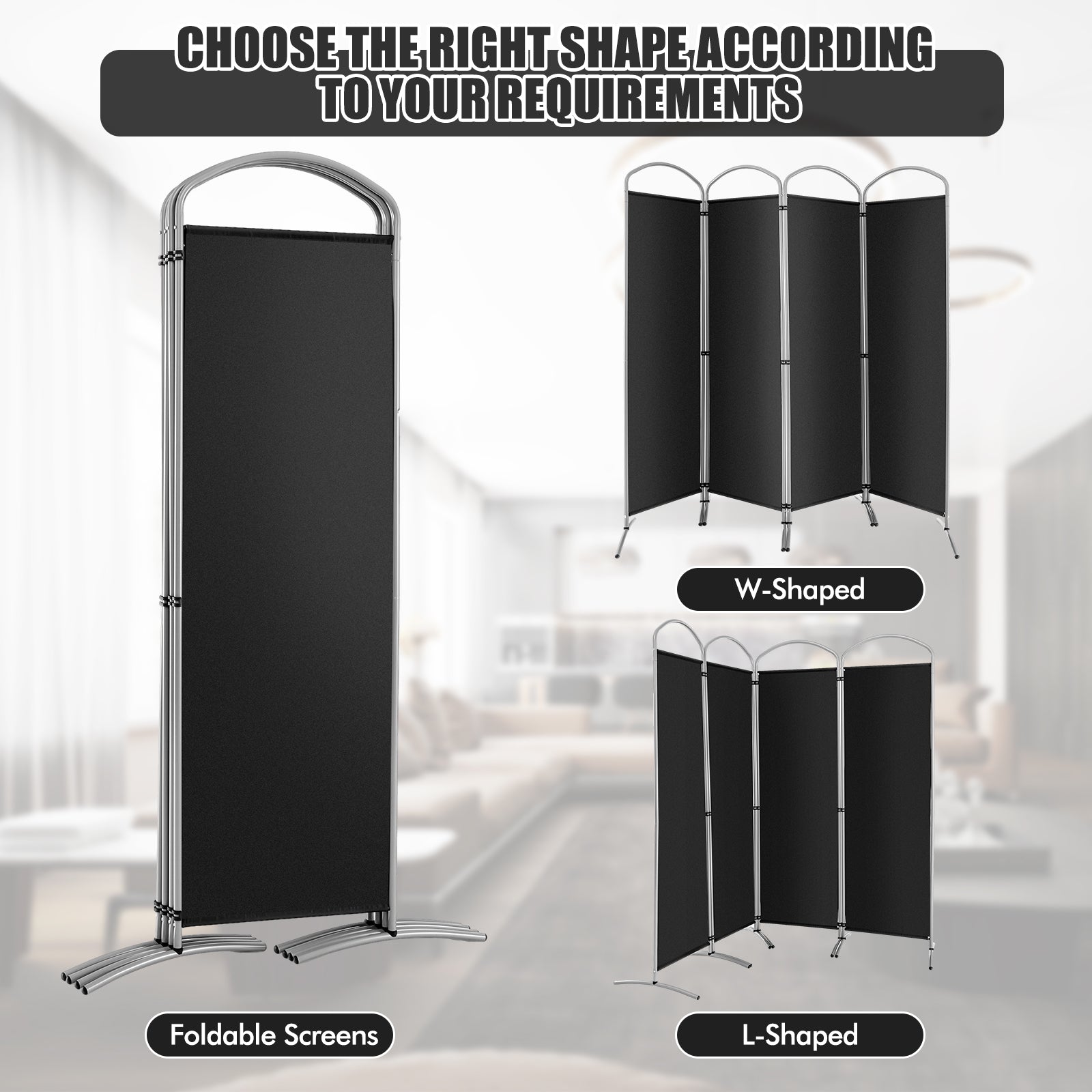 4 Panel Freestanding Folding Room Divider for Living Room Office-Black