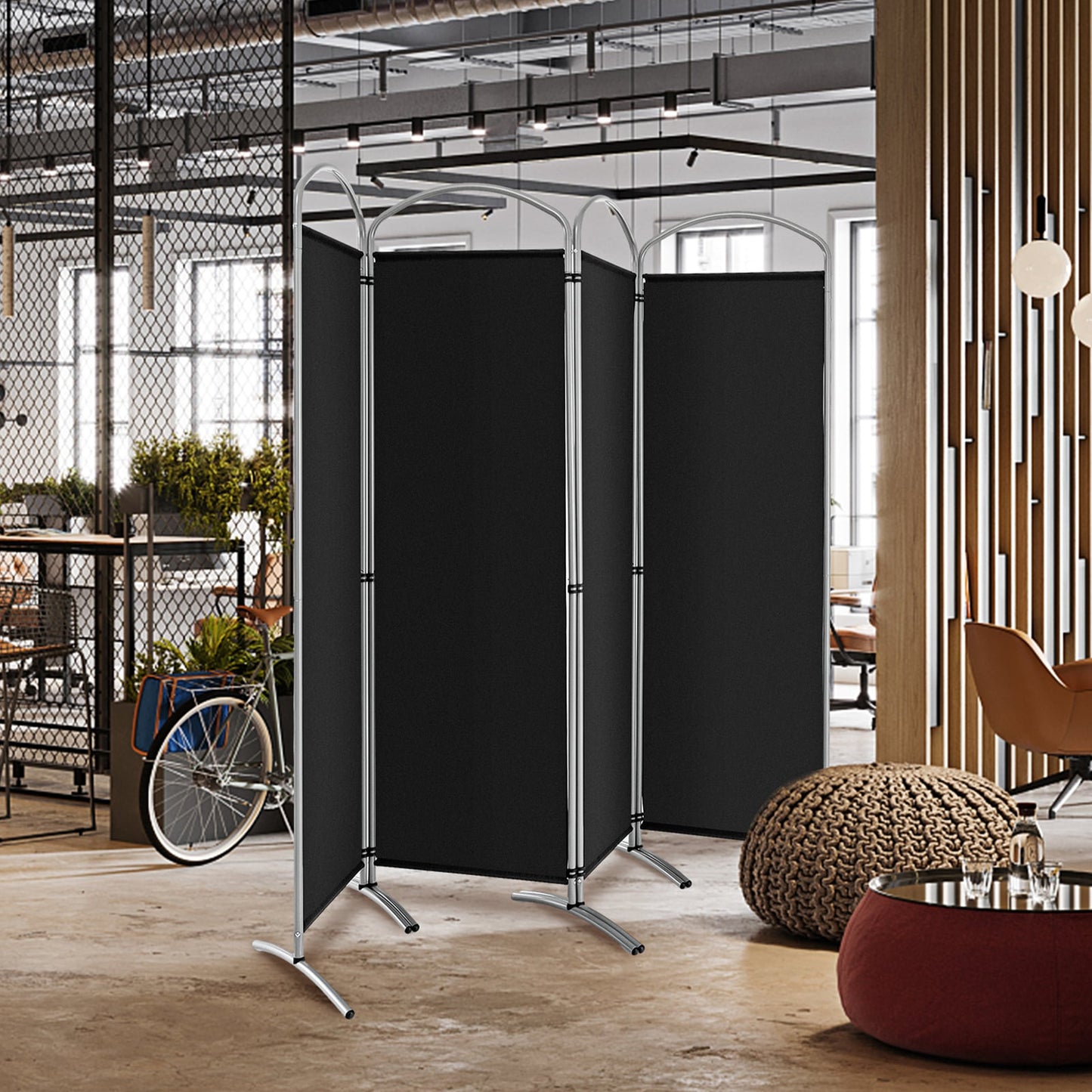 4 Panel Freestanding Folding Room Divider for Living Room Office-Black