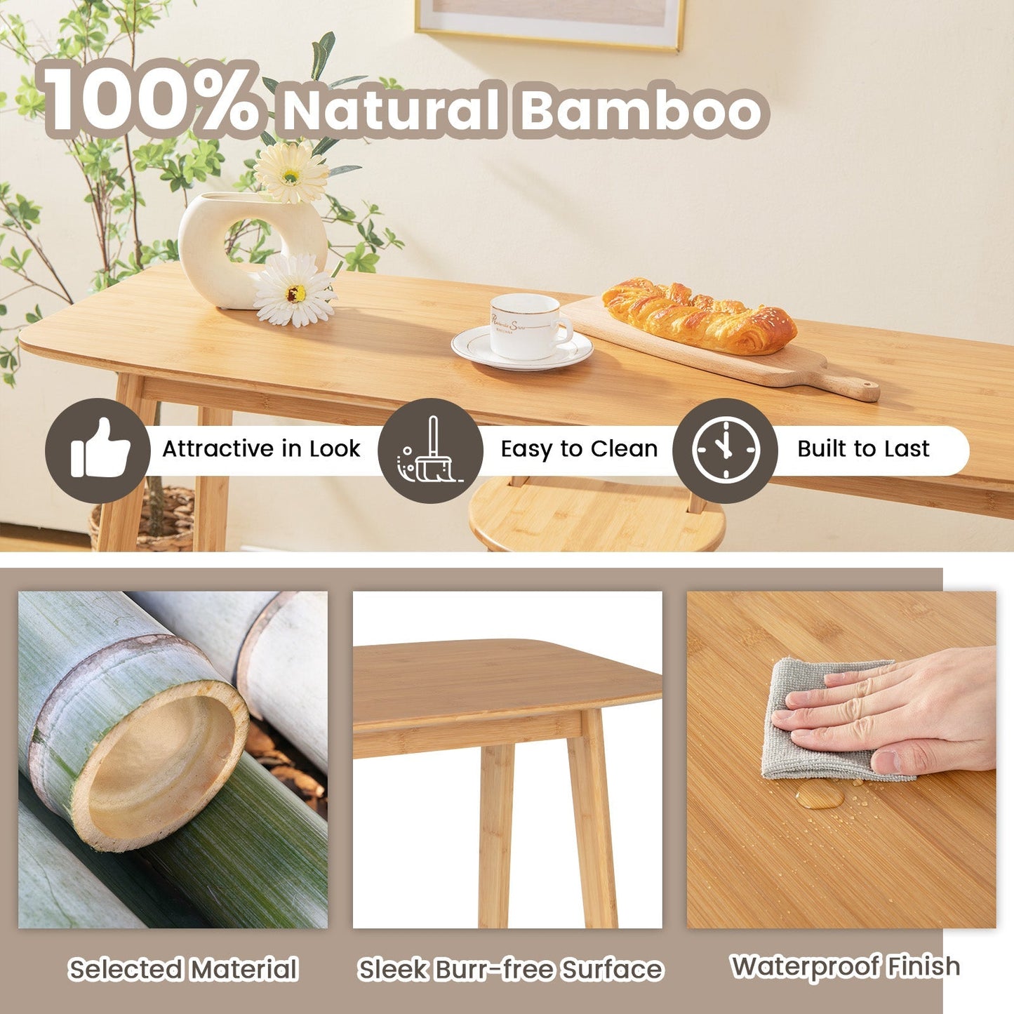 120x45x99cm Bamboo Bar Table with Footrest and Footpads for Home Kitchen -Natural