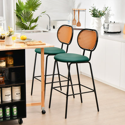 Set of 2 PU Leather Bar Stools with Rattan Backrest and Footrest-Green