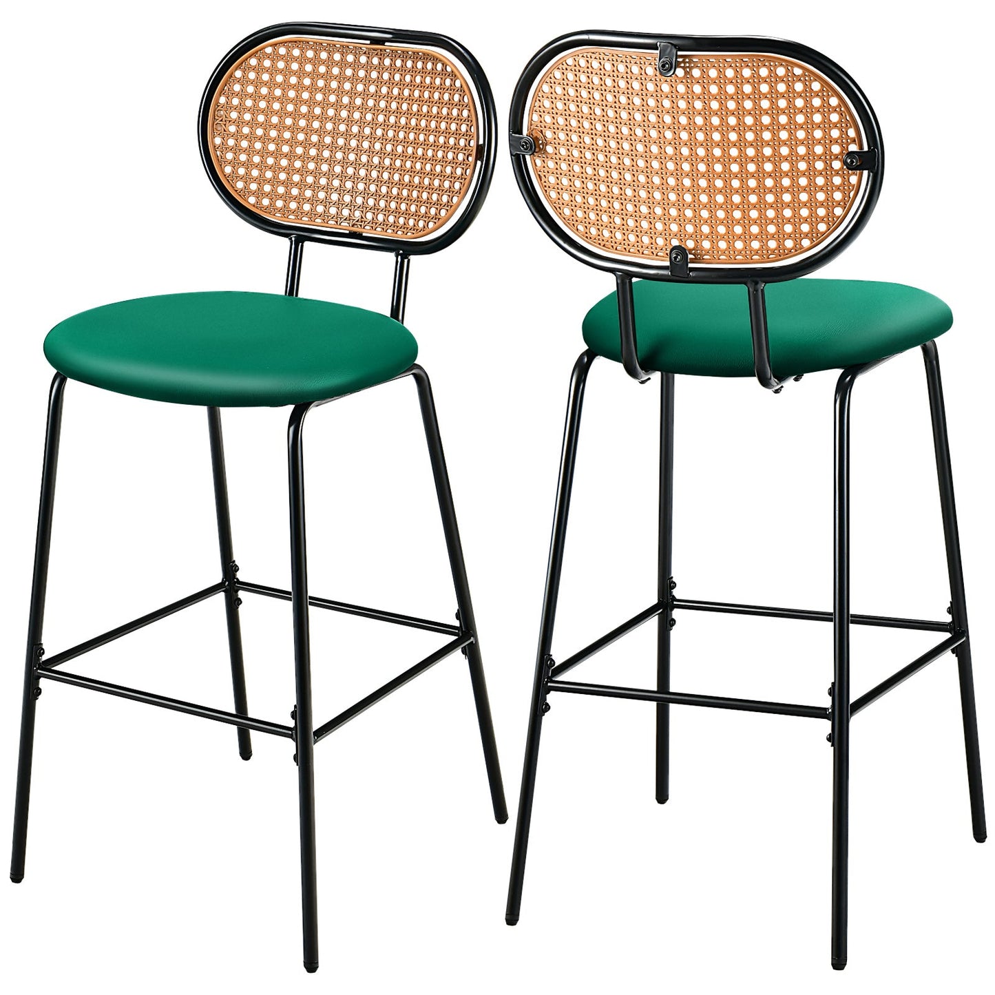Set of 2 PU Leather Bar Stools with Rattan Backrest and Footrest-Green