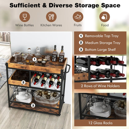 Home Bar Serving Car with Removable Tray-Rustic Brown