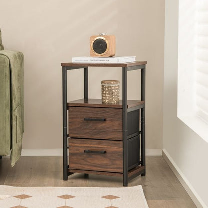 3-Tier Retro Nightstand with 2 Removable Fabric Drawers and Open Shelf-Walnut