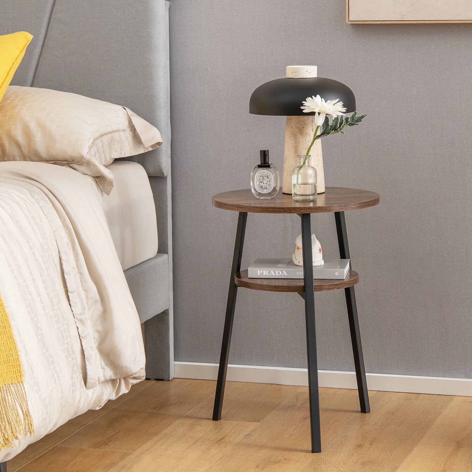 2-Tier Wooden Round Side Table with Storage Shelf-Brown