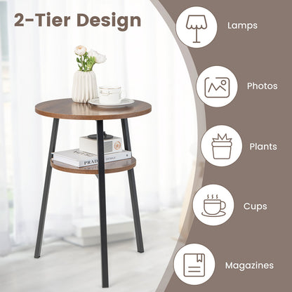 2-Tier Wooden Round Side Table with Storage Shelf-Walnut