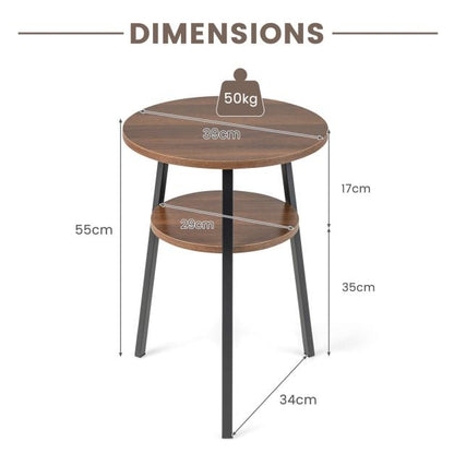 2-Tier Round End Table with Open Shelf and Triangular Metal Frame-Walnut