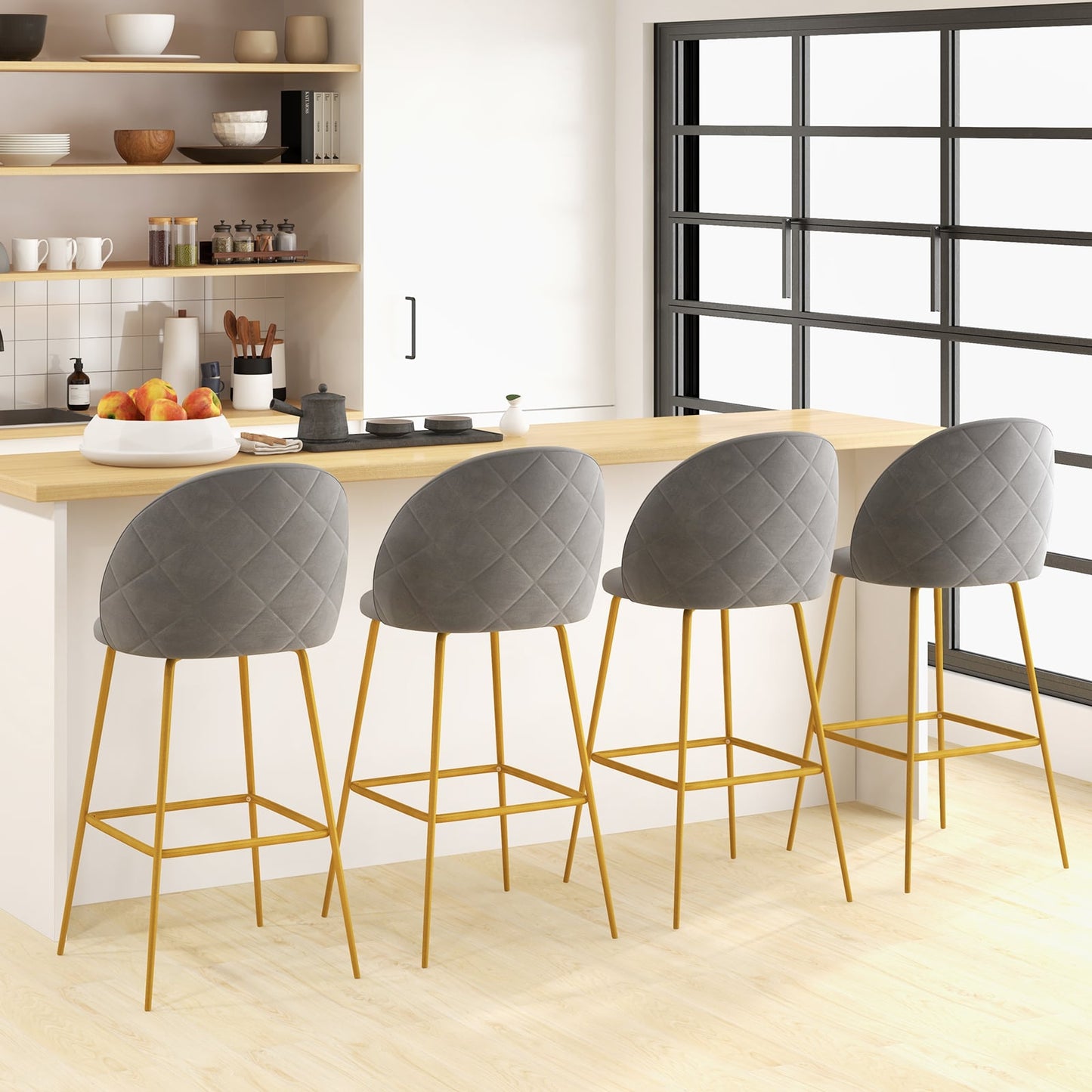 Bar Stools Set of 2 with Curved Backs and Padded Seats-Grey