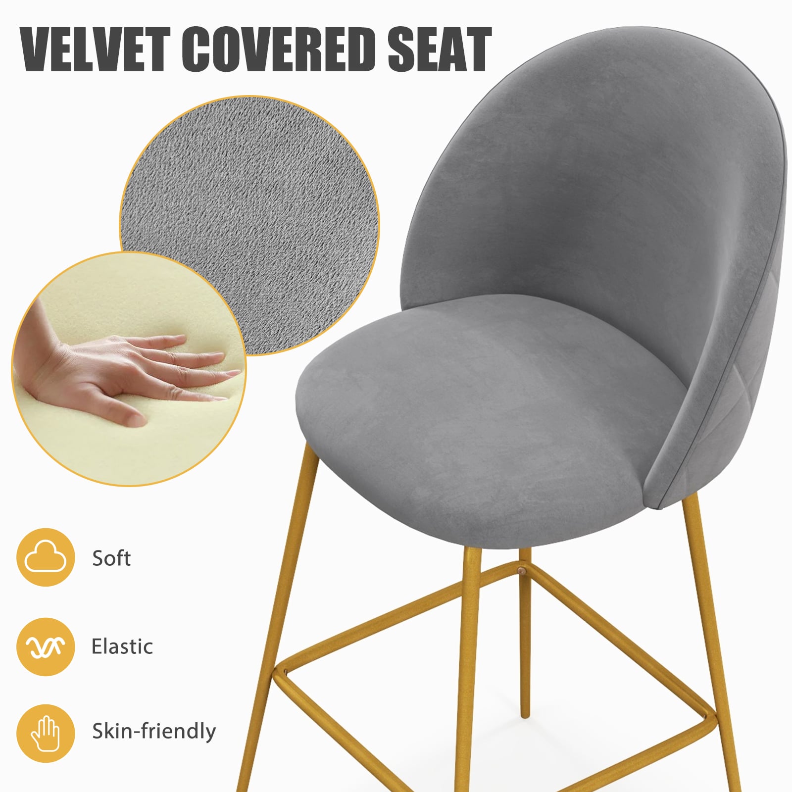 Bar Stools Set of 2 with Curved Backs and Padded Seats-Grey