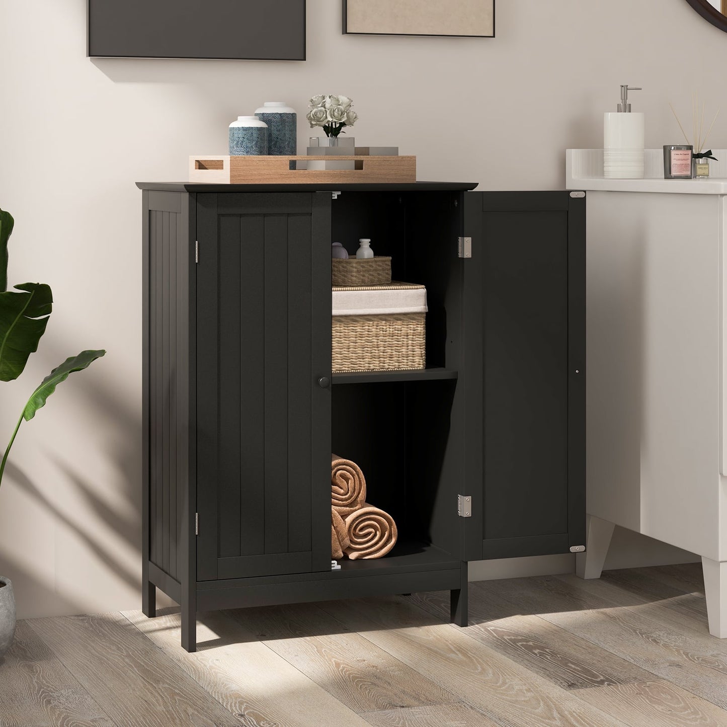 Double Door Bathroom Floor Cabinet with Shelf-Black