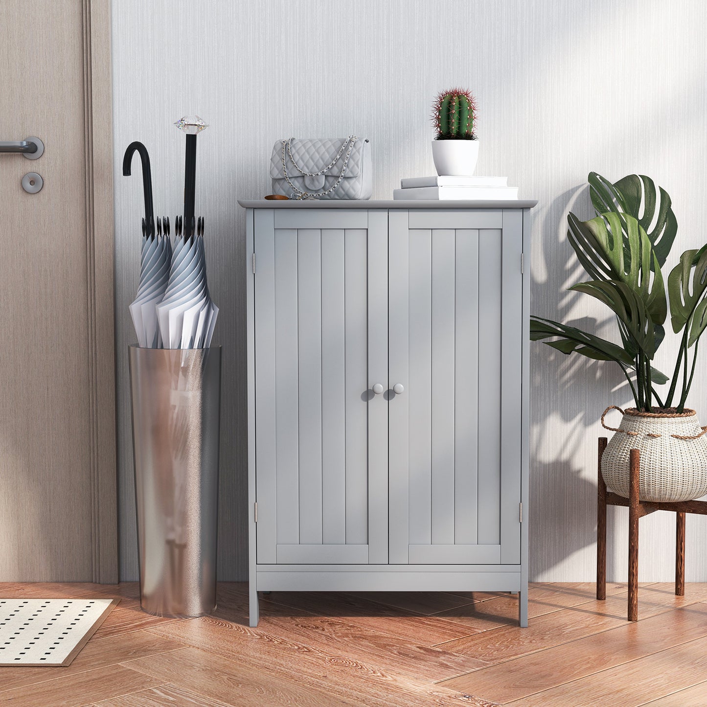 Double Door Bathroom Floor Cabinet with Shelf-Grey