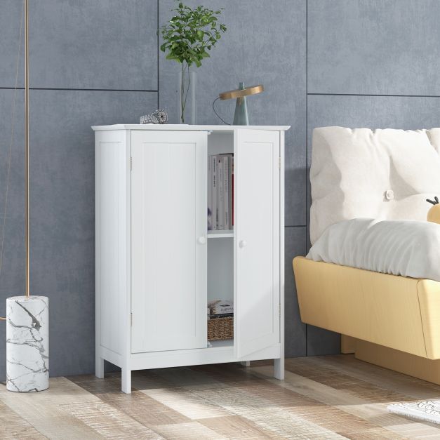 Double Door Bathroom Floor Cabinet with Shelf-White