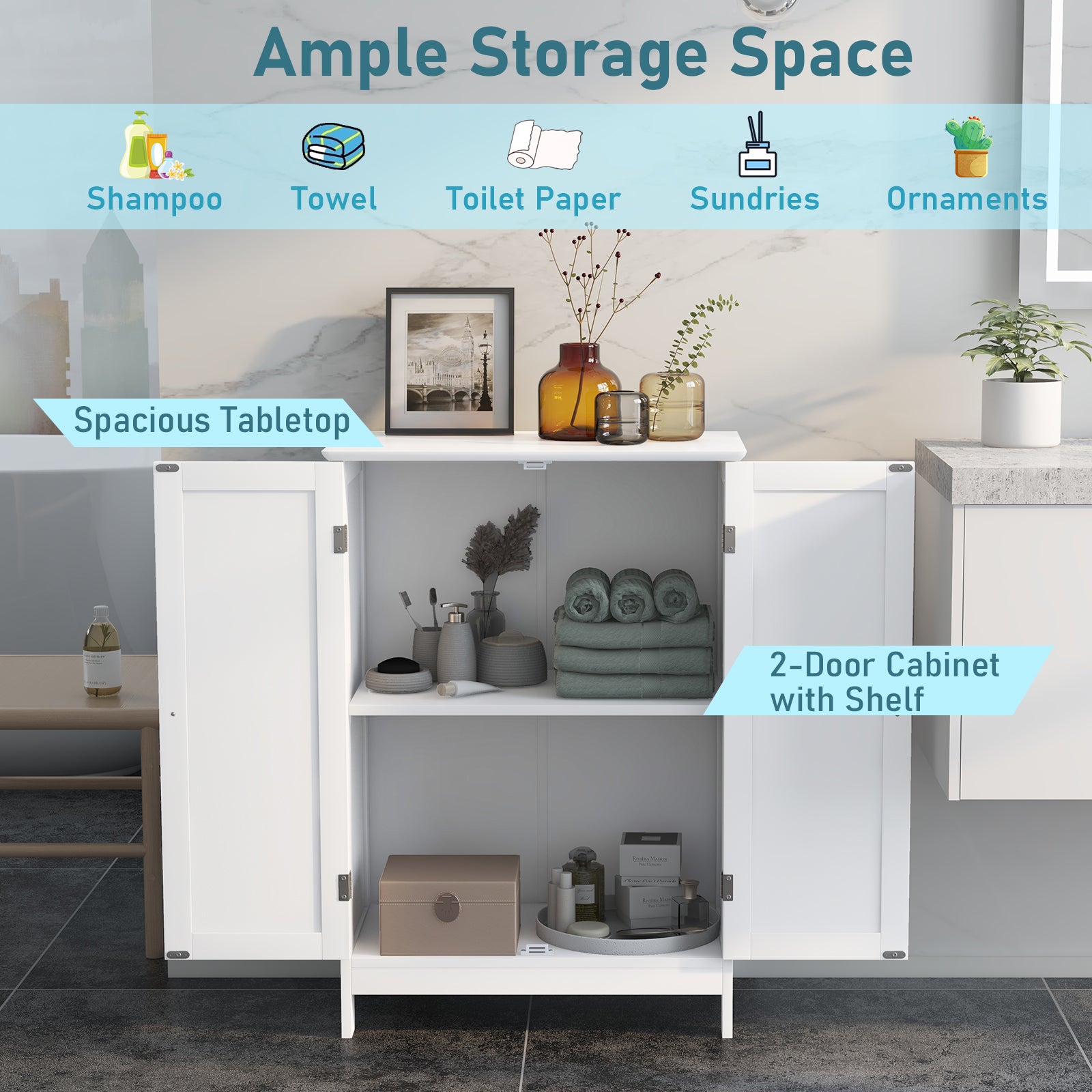 Double Door Bathroom Floor Cabinet with Shelf-White