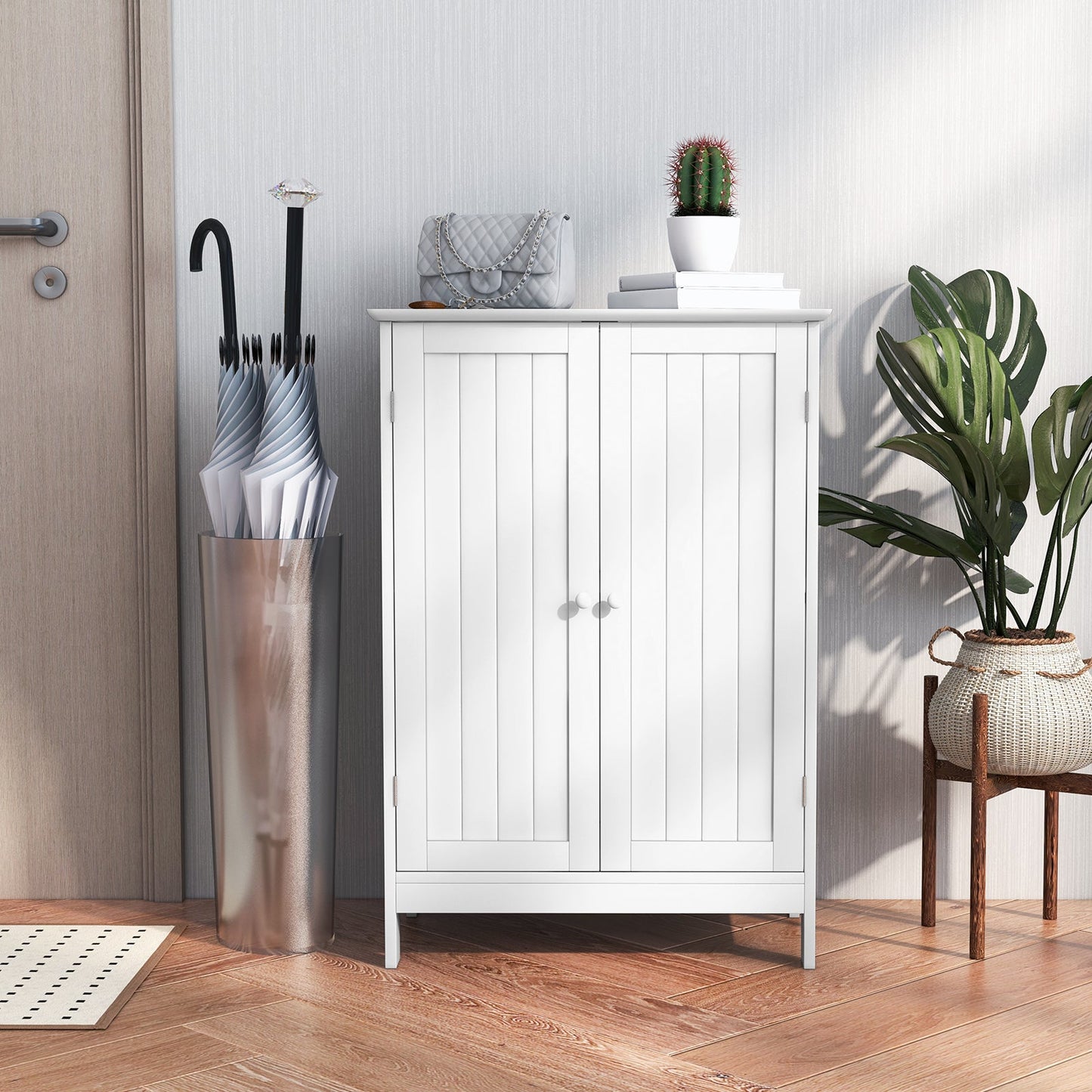 Double Door Bathroom Floor Cabinet with Shelf-White