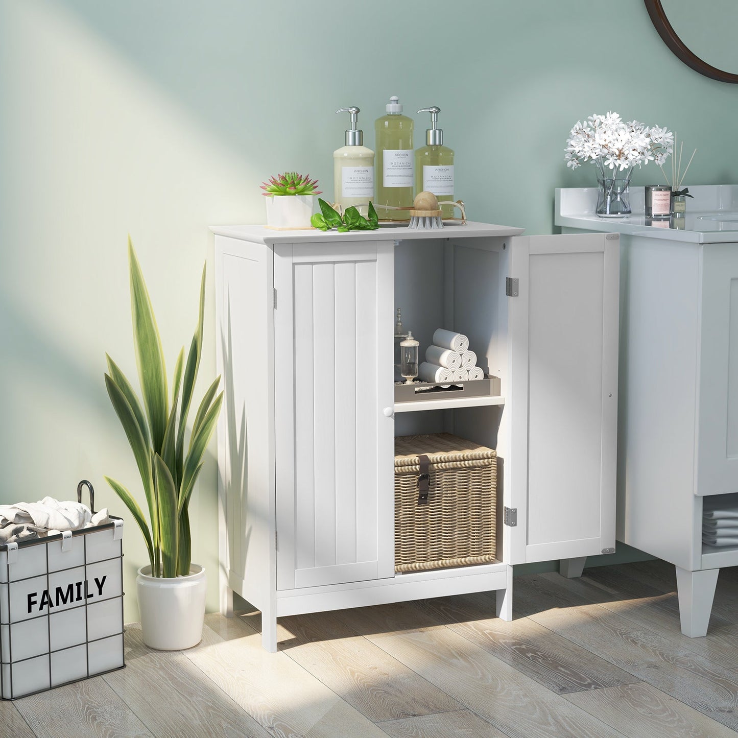 Double Door Bathroom Floor Cabinet with Shelf-White