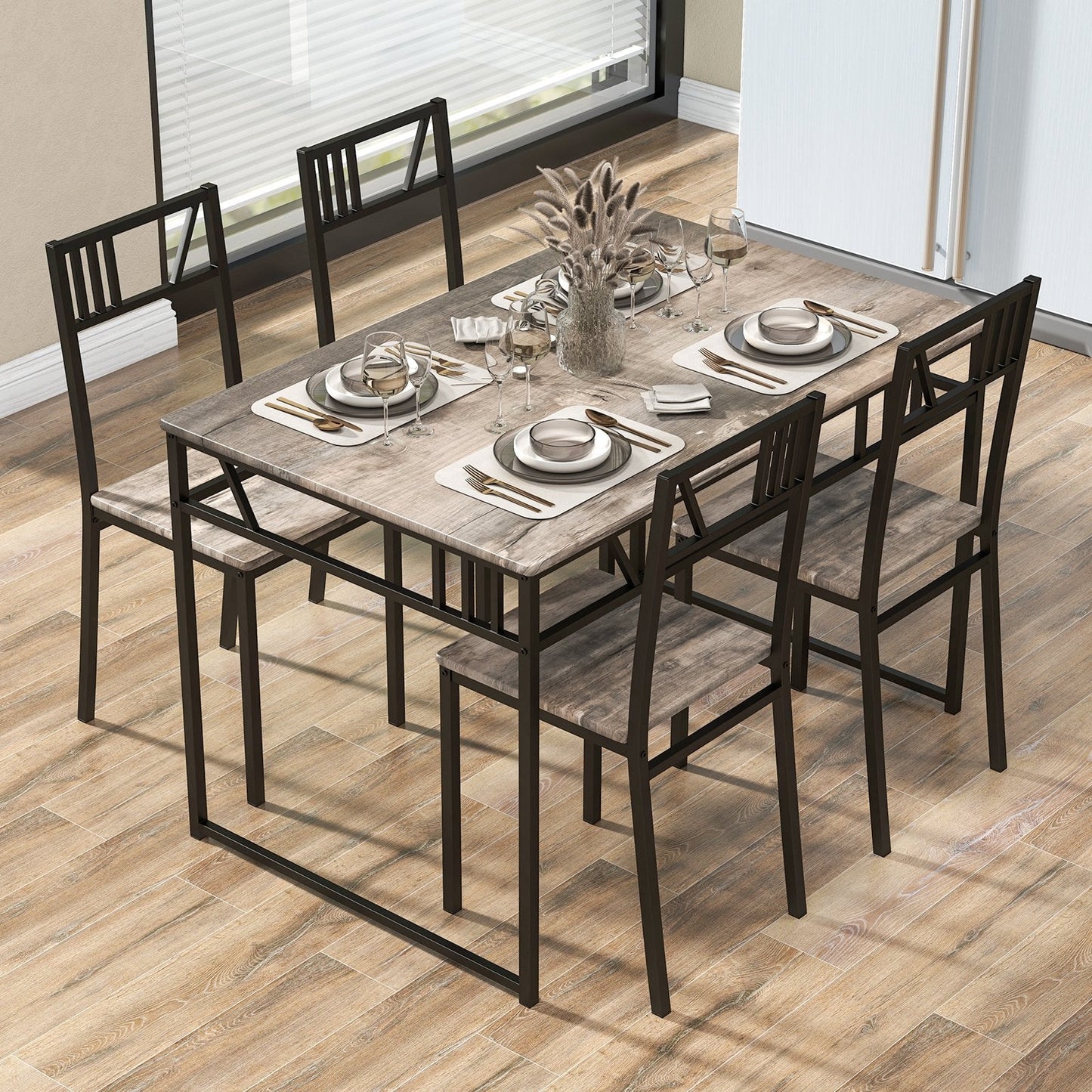 Industrial-Style Kitchen Table and 4 Chairs with Wood Like Tabletop and Metal Frame-Grey