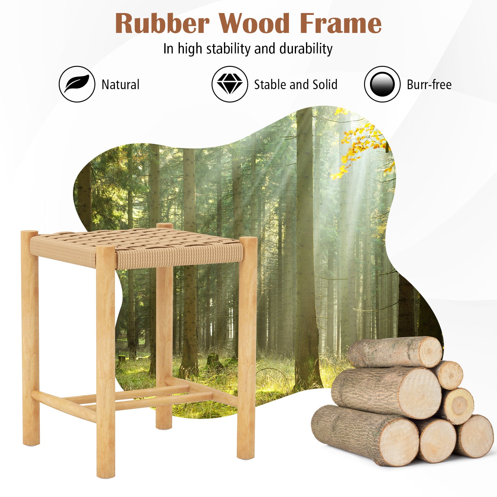 Dining Stool Set of 2 with Rubber Wood Frame and Woven Paper Seat-36 x 36 x 45cm