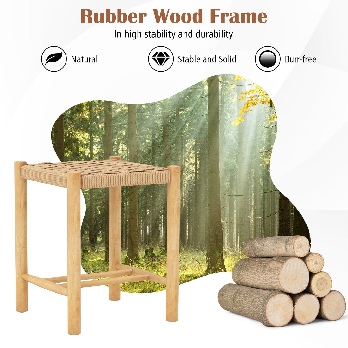 Dining Stool Set of 2 with Rubber Wood Frame and Woven Paper Seat-36 x 36 x 45cm