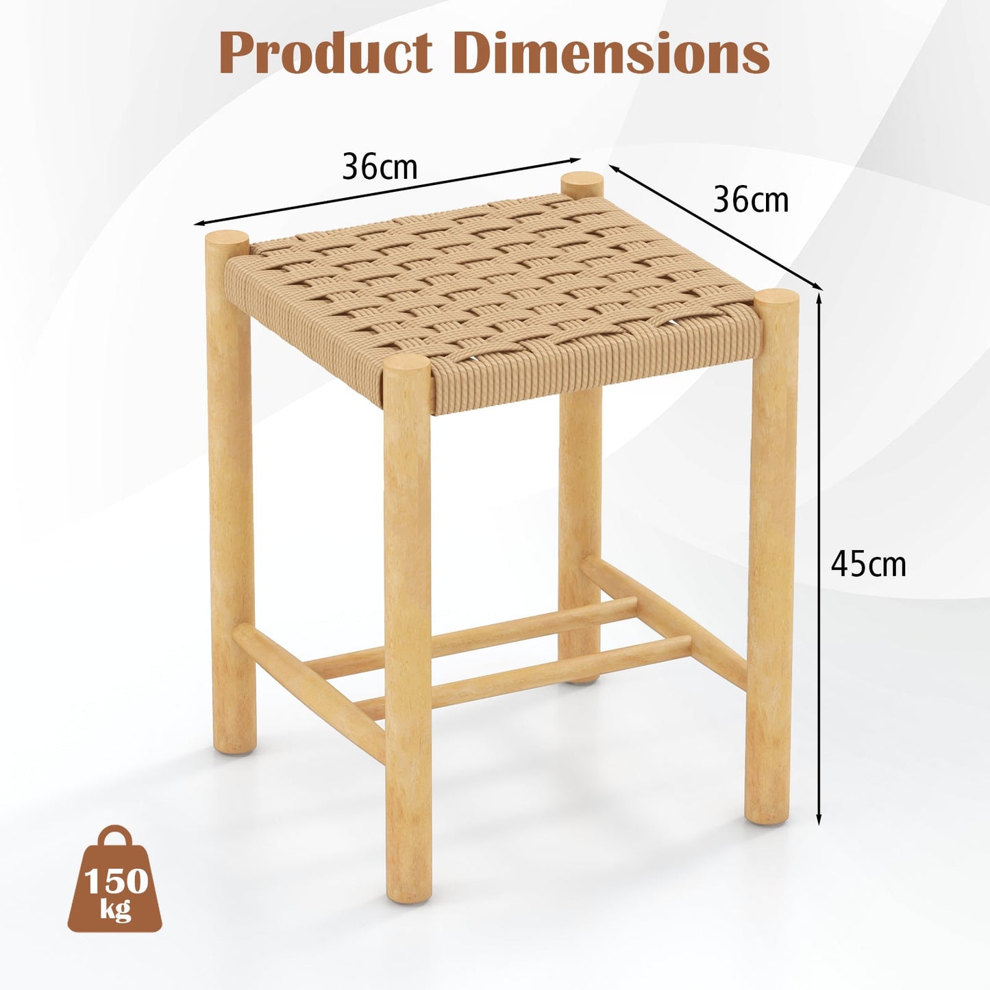Dining Stool Set of 2 with Rubber Wood Frame and Woven Paper Seat-36 x 36 x 45cm