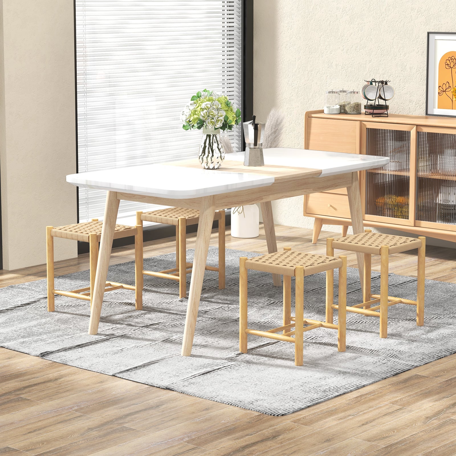 Dining Stool Set of 2 with Rubber Wood Frame and Woven Paper Seat-36 x 36 x 45cm