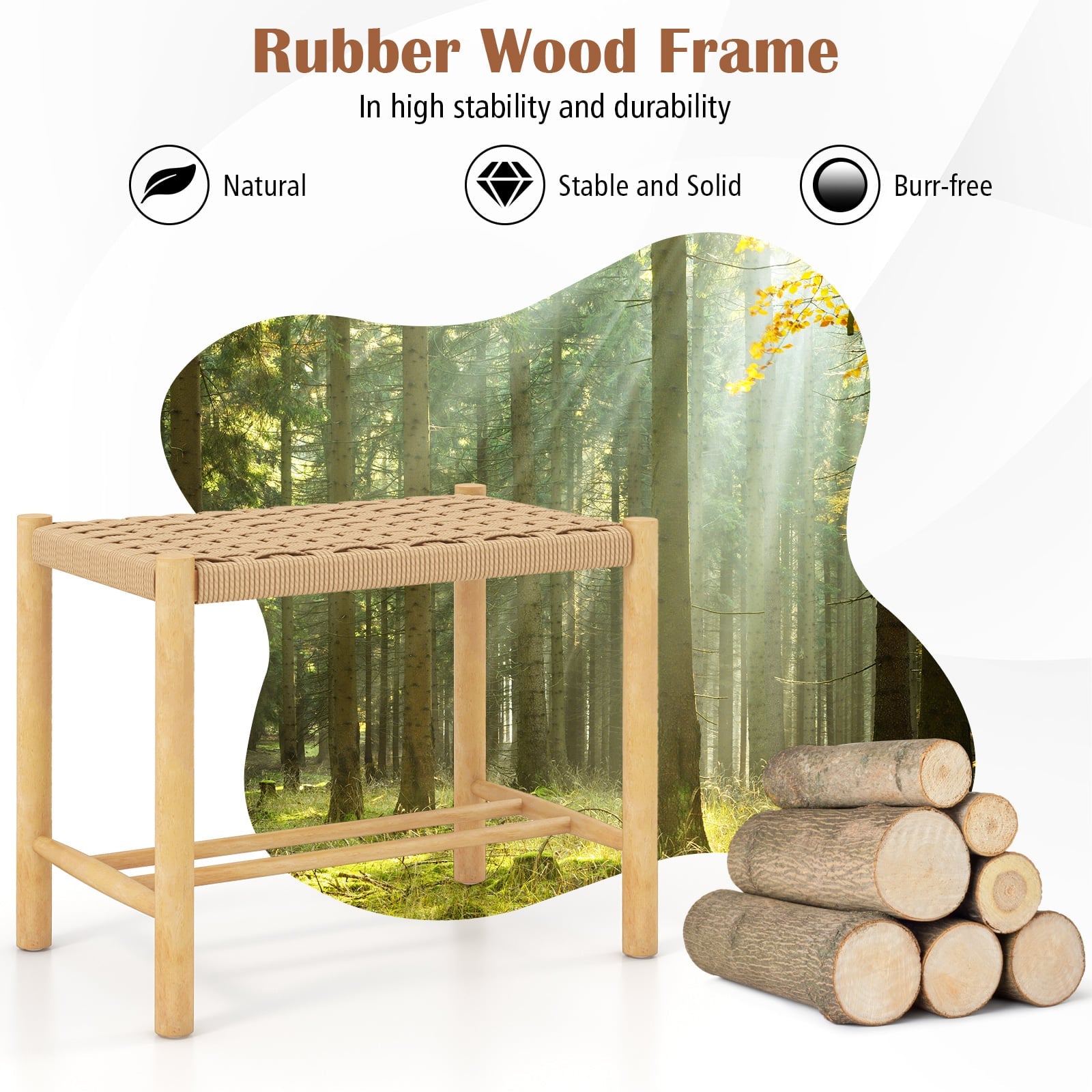 Dining Stool Set of 2 with Rubber Wood Frame and Woven Paper Seat-56 x 36 x 45cm