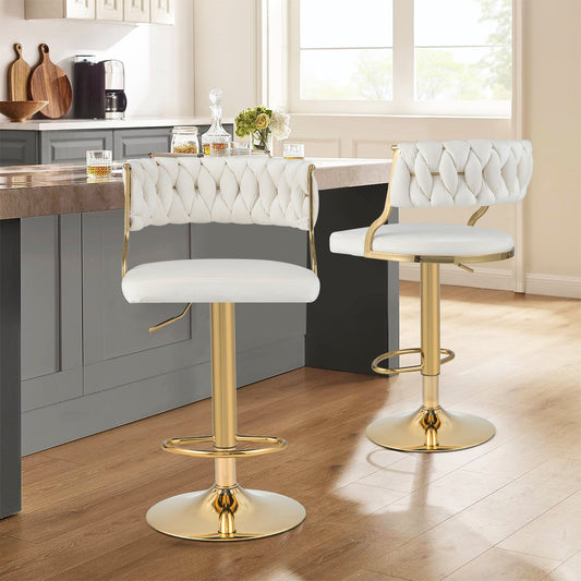 Upholstered Velvet Adjustable Bar Stools with Footrests for Kitchen Island-White