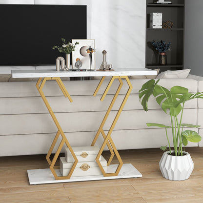 Faux Marble Console Table with Adjustable Foot Pads-White