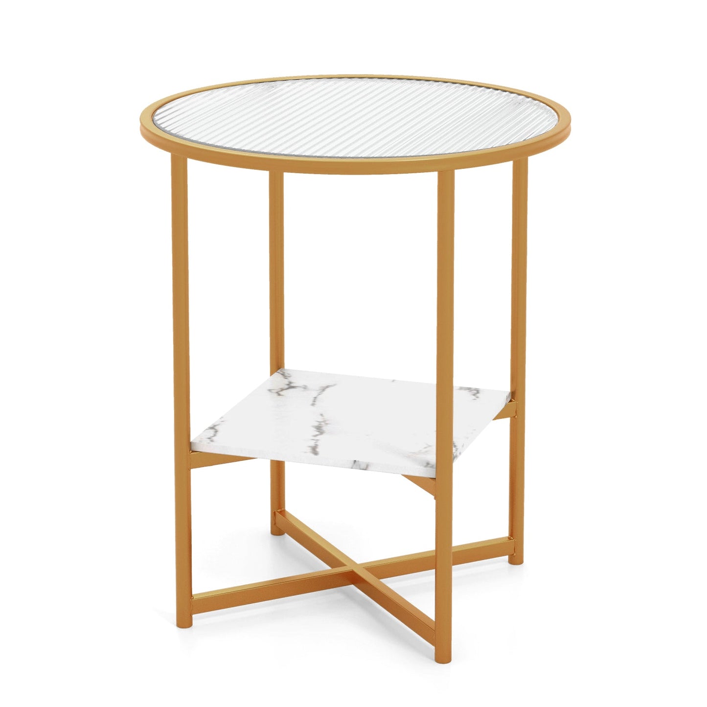 50 x 50 x 60 cm 2-Tier Round Side Table with Faux Marble Storage Shelf-White