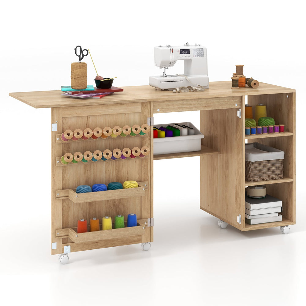 Folding Sewing Table with Rattan Door and Lockable Casters for Craft-Natural