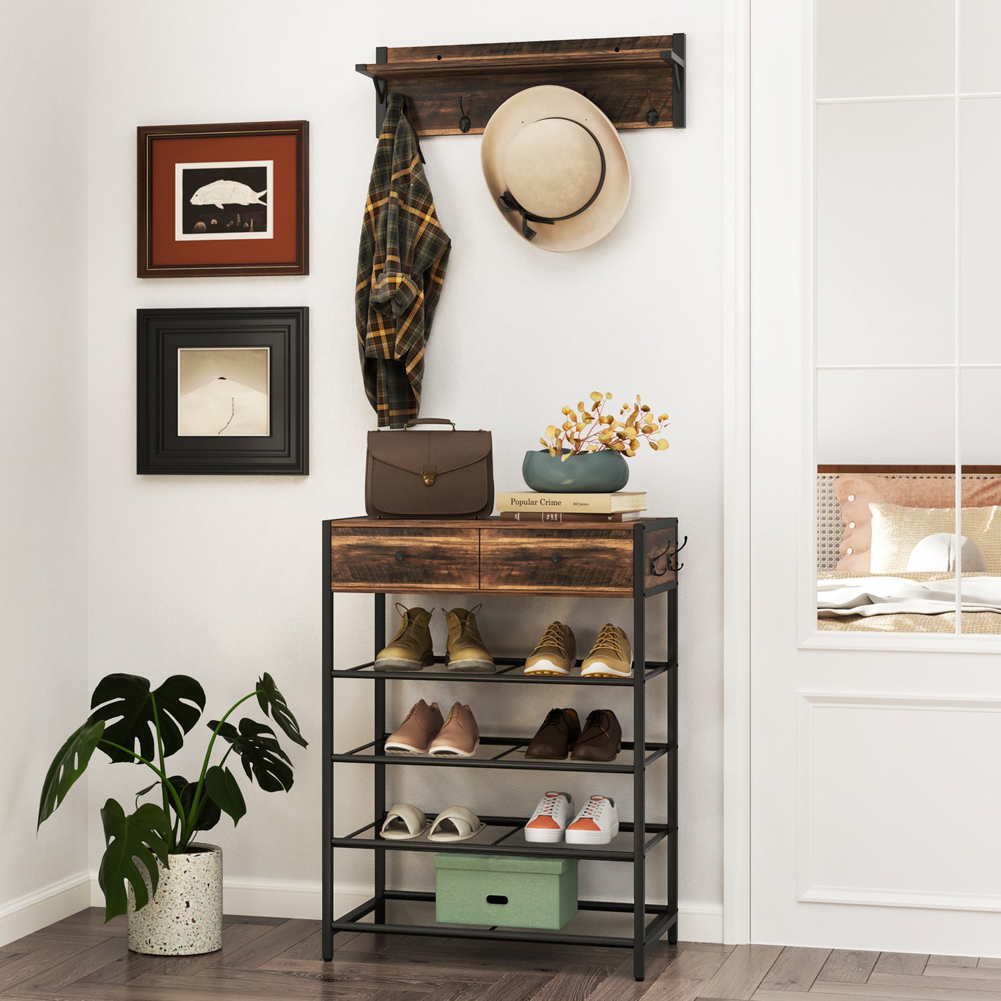 Coat Rack Shoe Stand Set with Wall-Mounted Coat Rack and Drawers-Brown