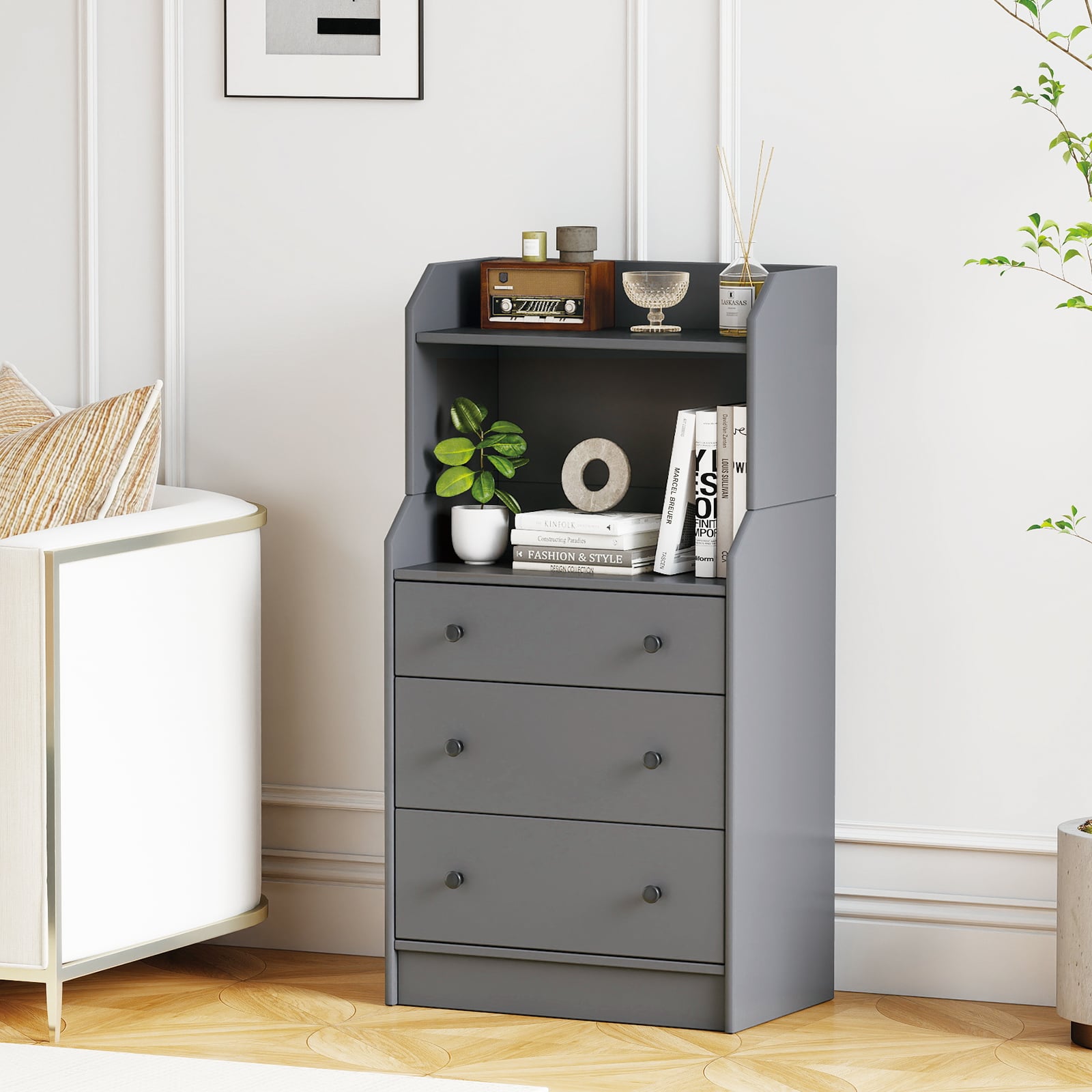 Modern Chest of Drawers Dresser with Shelves-Grey