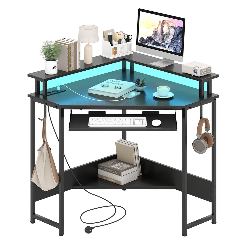 Computer Corner Desk with LED Charging Station and Monitor Stand-Black