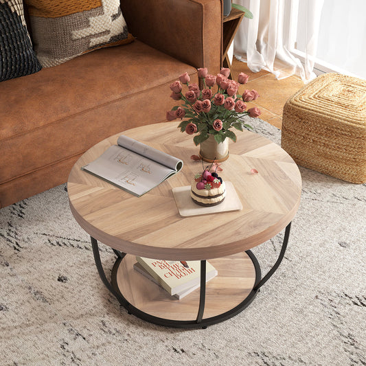 2-Tier Round Coffee Table with Storage Metal Frame Tea Cocktail Table-Natural Colour