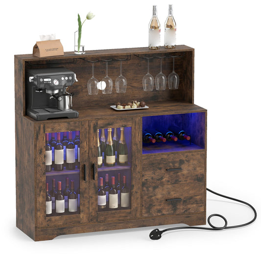 2-Door Wine Bar Cabinet with LED Lights and Charging Station for Kitchen-Rustic Brown