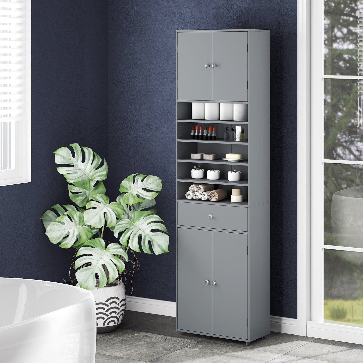 Tall Bathroom Storage Cabinet with Drawer and Adjustable Shelves-Grey
