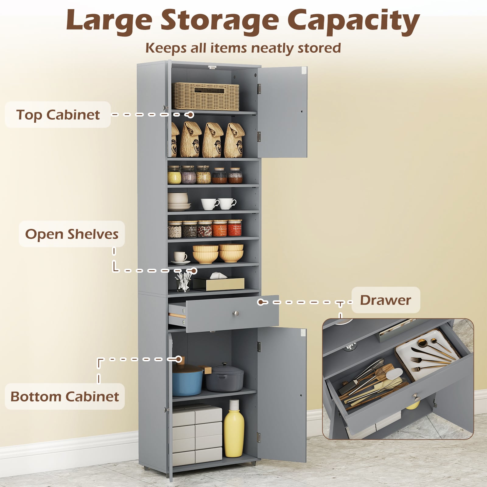Tall Bathroom Storage Cabinet with Drawer and Adjustable Shelves-Grey