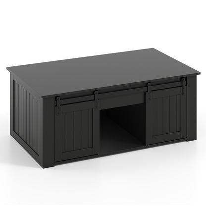 120 cm Lift Top Coffee Table with Barn Sliding Doors and Cabinets for Living Room-Blck