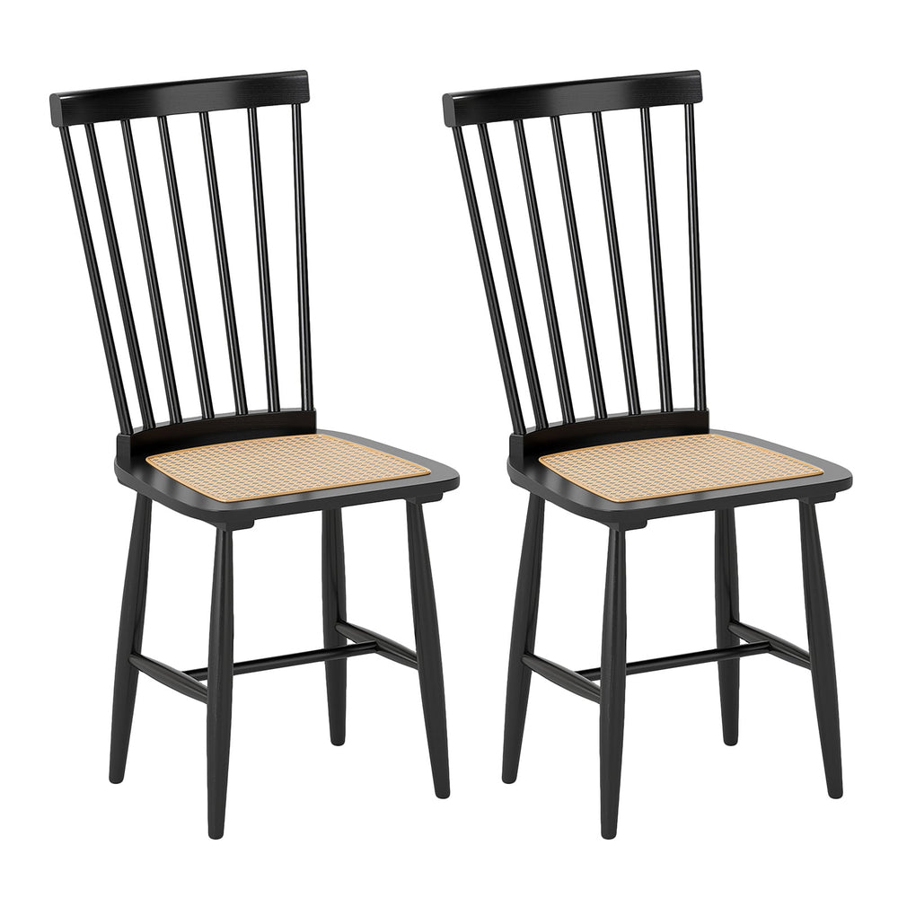 Windsor Dining Chair Set of 2 with Spindle Back and PE Rattan Seat for Kitchen-Black